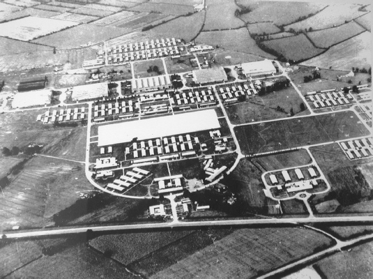 Aerial photograph of RAF Locking around 1955, showing the rows of barrack huts, hangars and parade ground among the Somerset fields